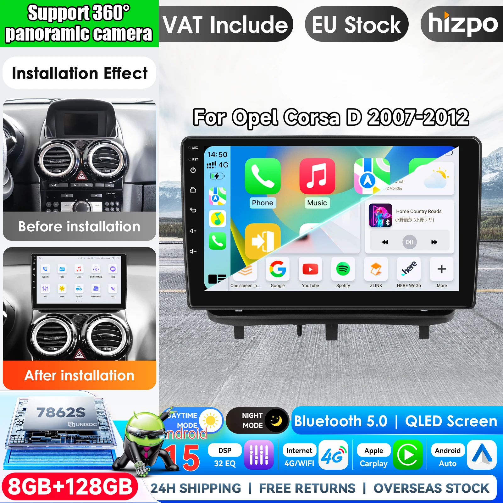 Autoradio Hizpo 9 pouces pour OPEL CORSA D 2007 - 2012, lecteur vidéo multimédia Android sans fil Carplay, autoradio 2 DIN, autoradio GPS, systèmes intelligents, écran tactile IPS, navigation BT GPS 4G WIFI FM AM DSP RDS SWC Mirror Link DAB+ DVR