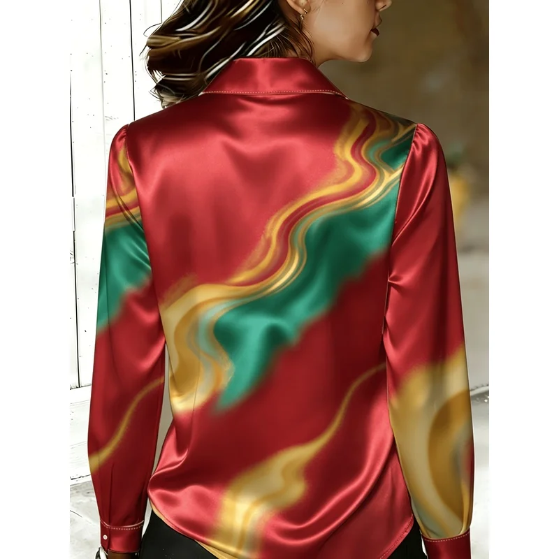 A light luxury women's digital-print satin shirt with a gradient fade from red to green and gold，A long-sleeved button-down prof