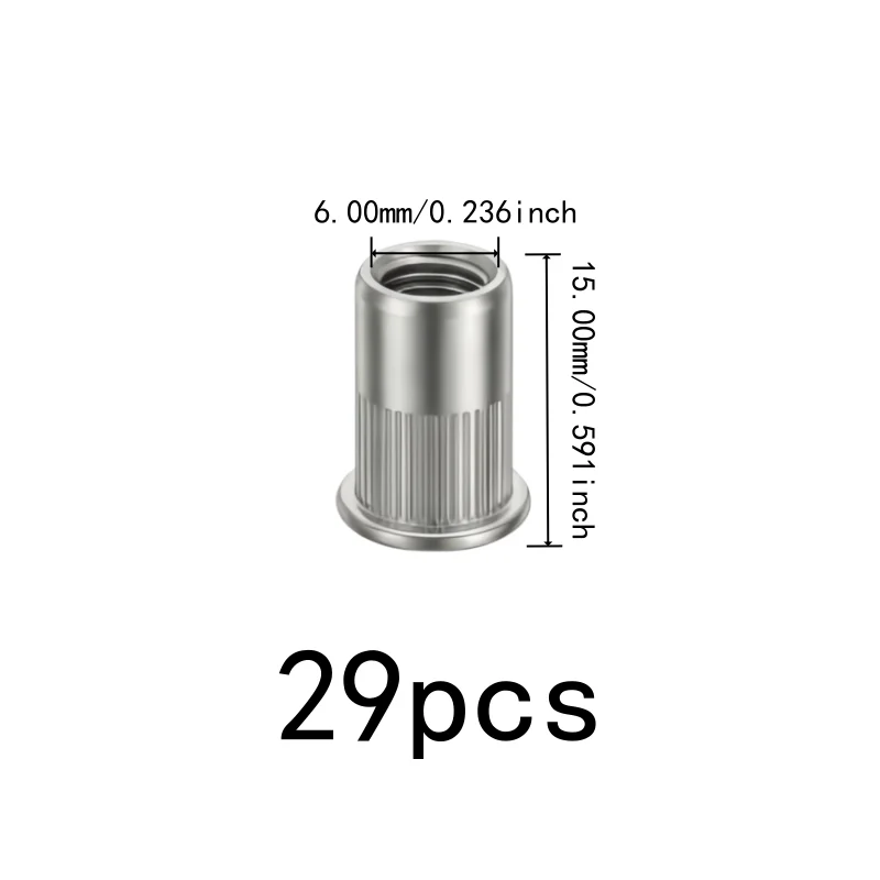 29 pcs M6 Blind Rivet Nuts, Flat Head Knurled Body for Furniture Assembly, Multipurpose, Versatile, Practical