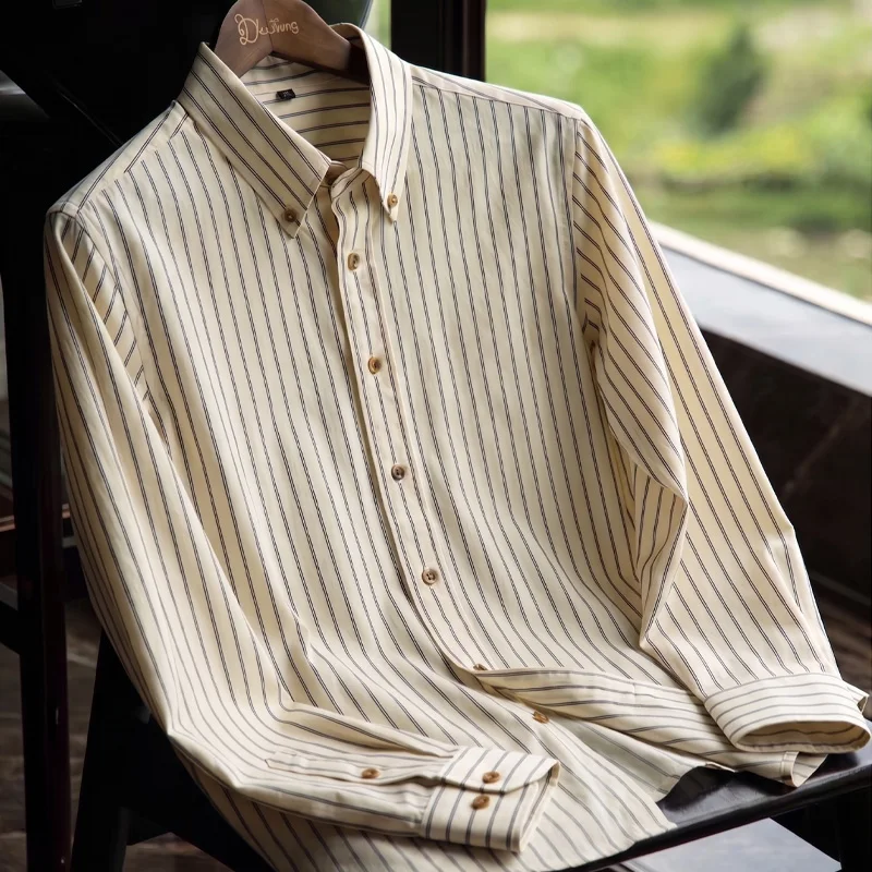 High-End Vertical Striped Pointed Collar Shirt for Men, Spring and Autumn Business Commute, Slim Fit, Premium Non-Iron Wrinkle-Resistant Long-Sleeve Shirt