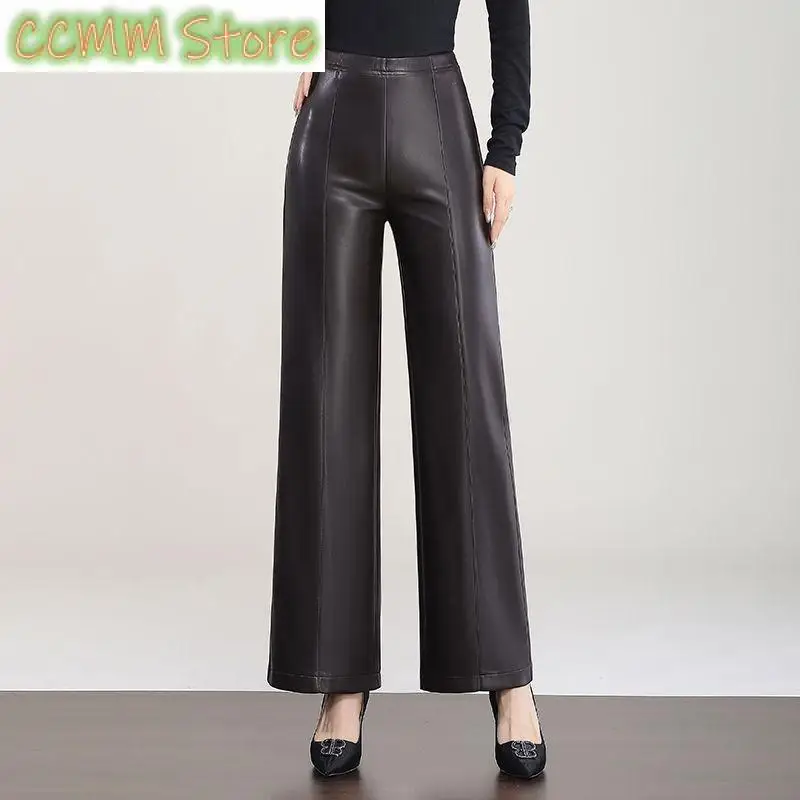 

New Autumn Genuine Leather Pants Women High Waist Slimming Straight Pants Outer Wear Fleece-Lined Casual Sheepskin Long Pants