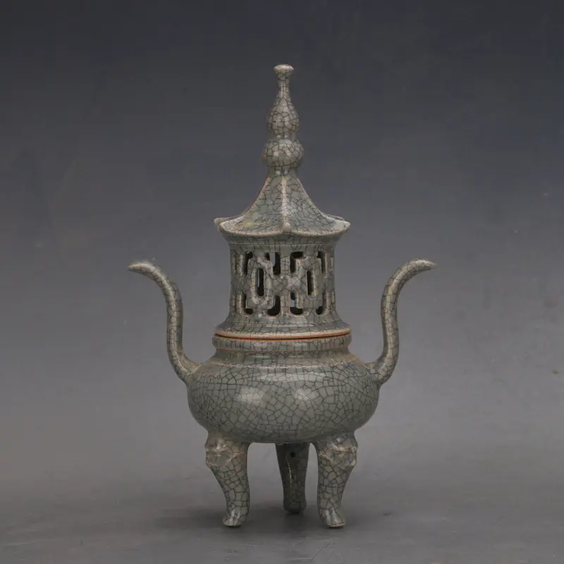 Song Style Ru Ware Celadon Crackle Glaze Double Ear Incense Burner Spur Marks Chinese Porcelain Home Decor