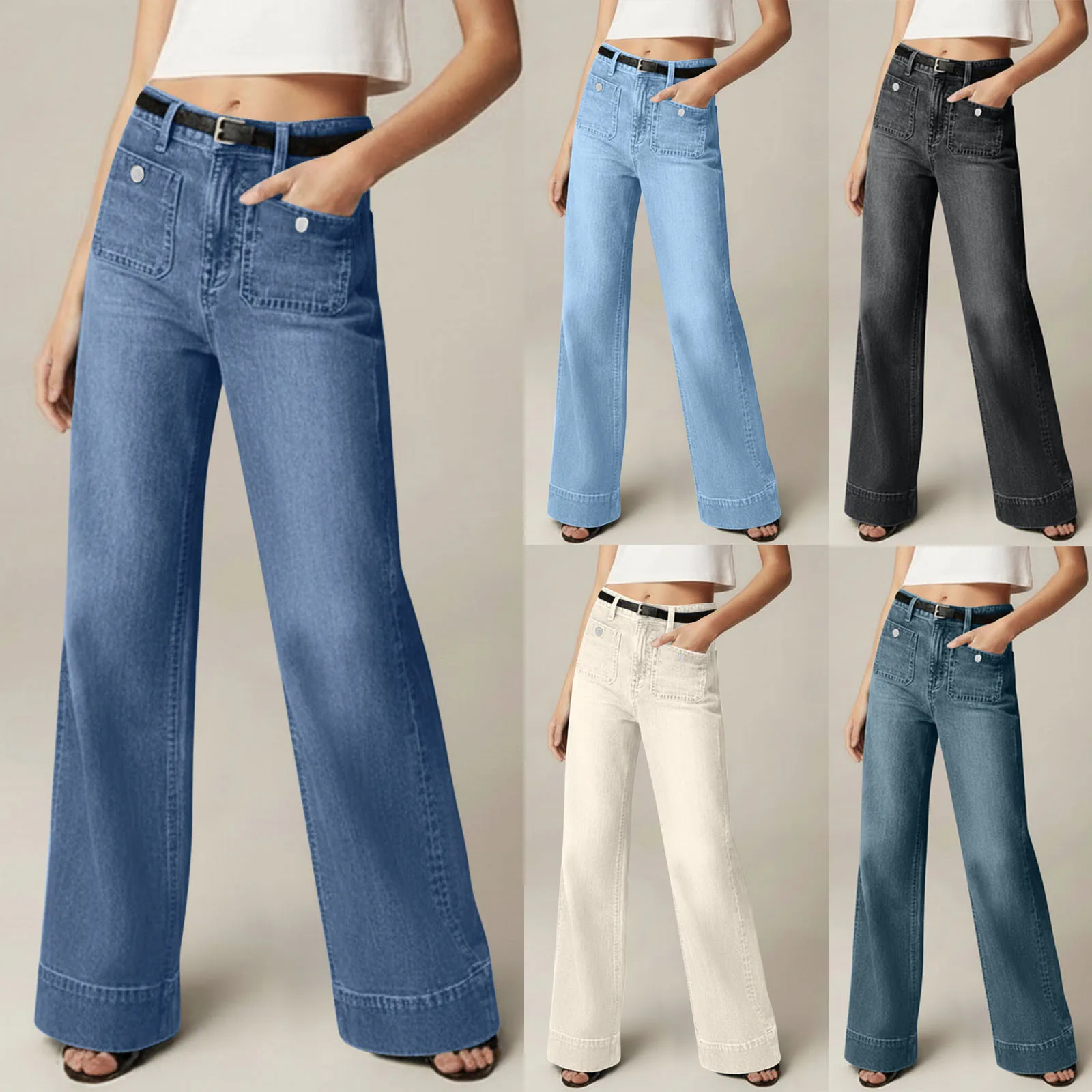 Women Solid Color Mid Waist Floor Length Simple Basic Casual Jeans Pants European American Style Fashion Female Denim Trousers