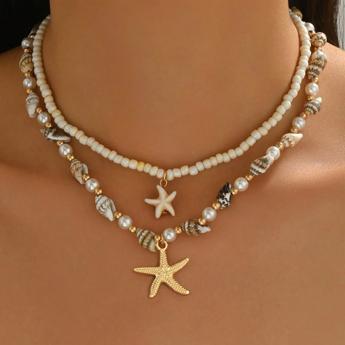 2PCS Bohemian-style beach resort style shell starfish rice bead necklace, creative starfish pendant collarbone chain