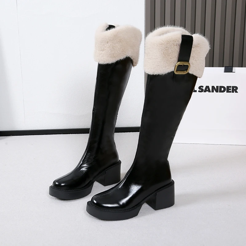 Winter Knee High Brown Long Boots Comfort Square Heel Zip Belt Buckle Platform Boots for Women  Plush Edge Warm Gothic Shoes