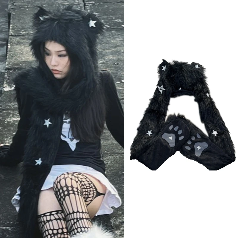 

Punk Style Winter Hat Scarf and Gloves Combo for Women Y2K Girls Outdoor Windproof Faux Fur Plush Warm Hooded Scarf Gloves