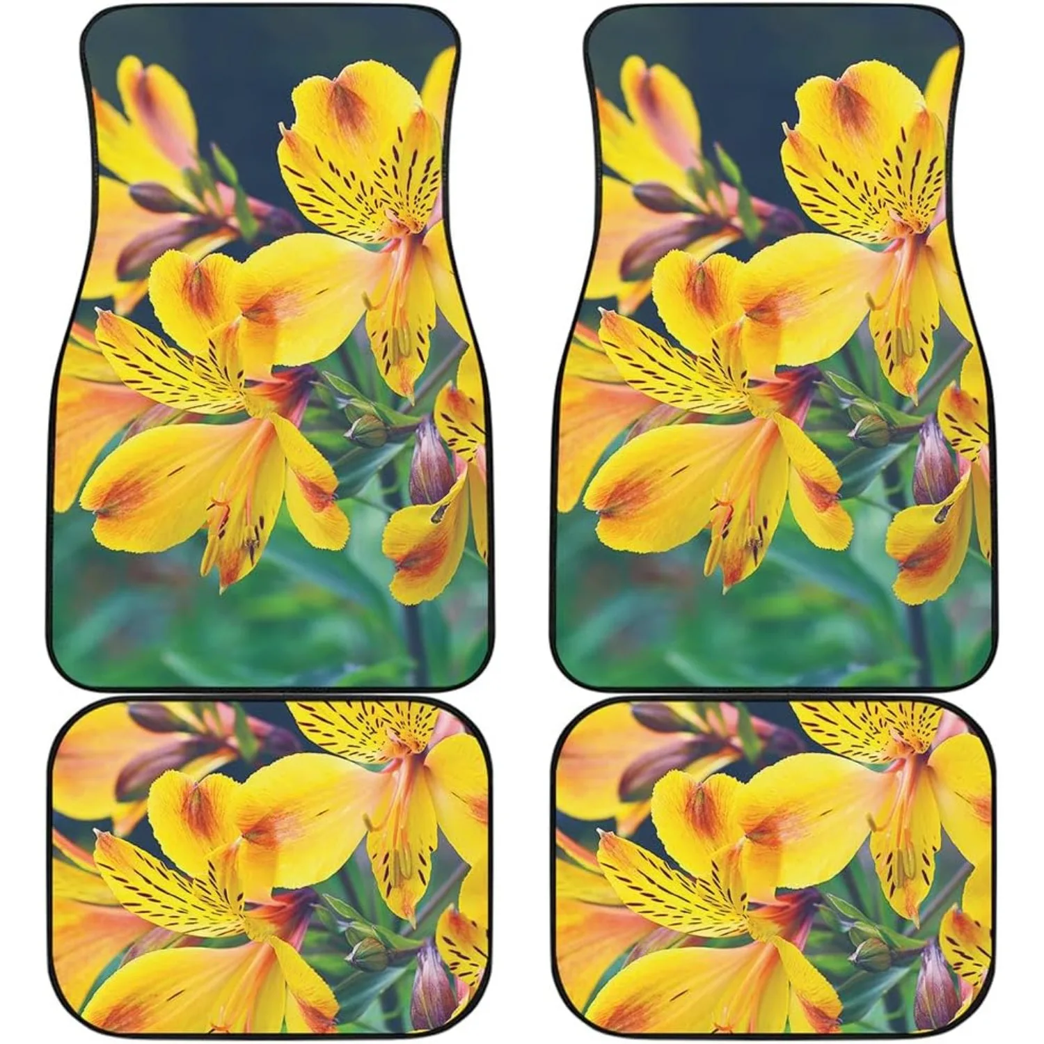 Set Of Yellow Alstroemeria Floral Print Car Mats - Front And Rear Pair | Interior Car Additions | All-Weather Shielding | Univer