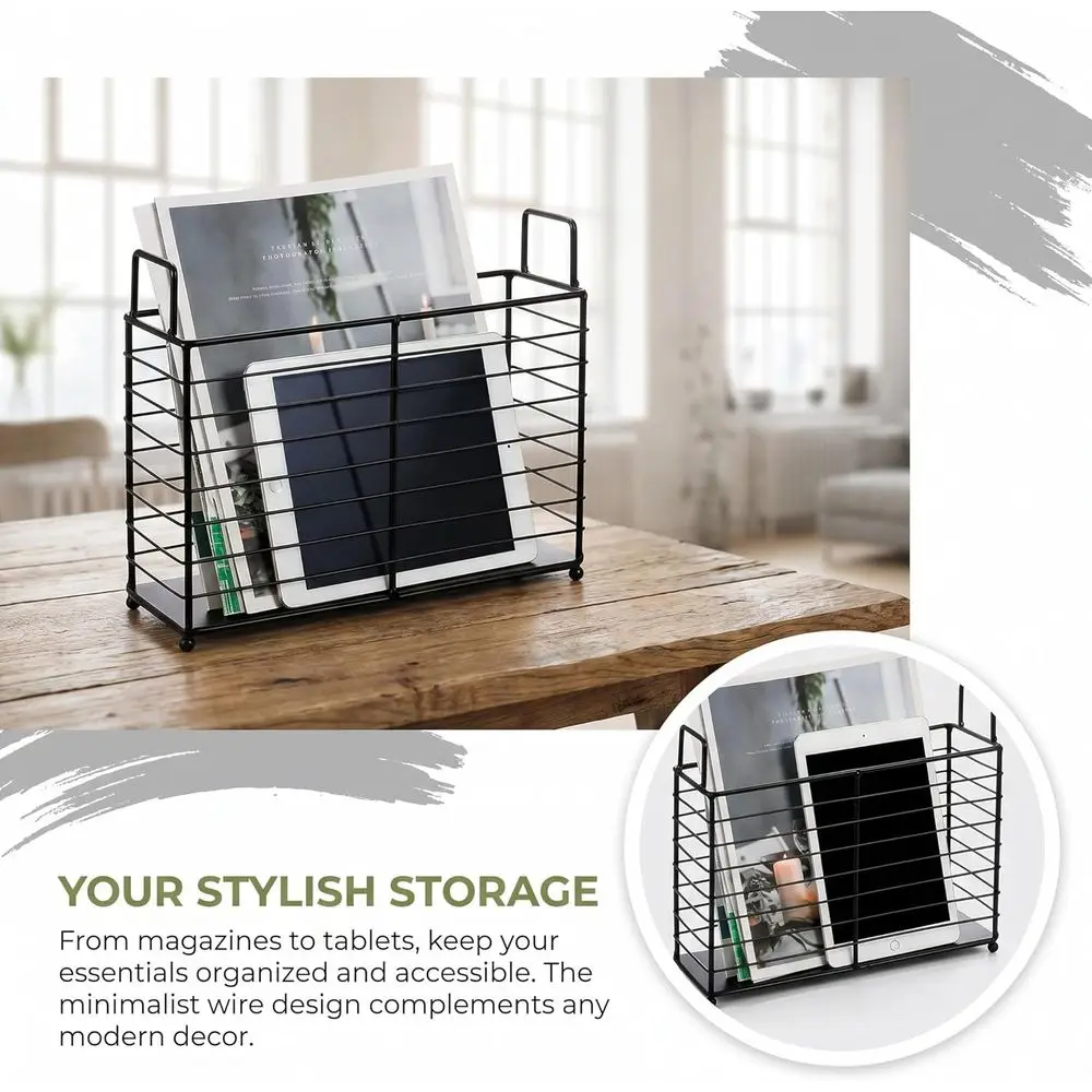 Metal Magazine Rack, Newspaper Book Tablet Storage Basket, Holder Mail Organizer Bin with Handles, Iron Wire Black Stand Holder view 6