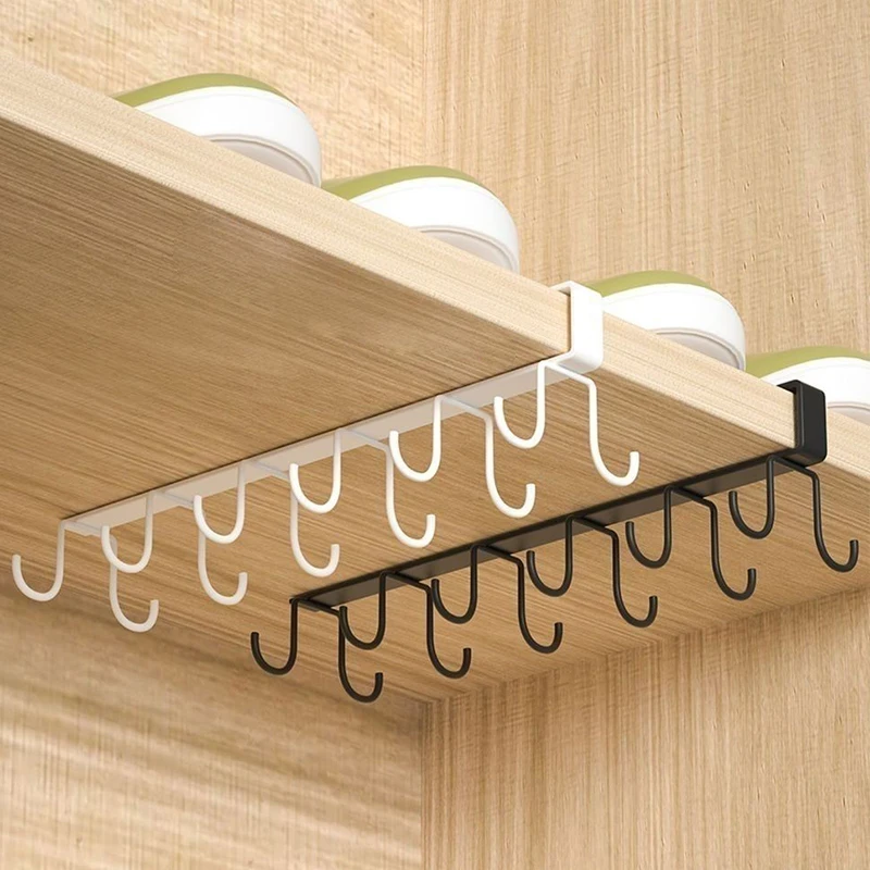 Multifunctional Double Row Storage Hook Wardrobe Cabinet Metal Shelves Punch-Free Hanging Cup Holder Kitchen Organization Tool