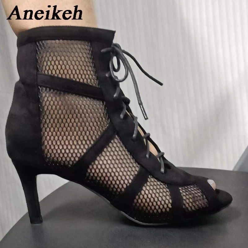 Aneikeh 7CM Middle Heel Dance Hollow Out Ankle Strap Sandal Boots 2025 Fashion Summer Lace Up Cross-tied Peep Toe Lady Shoes