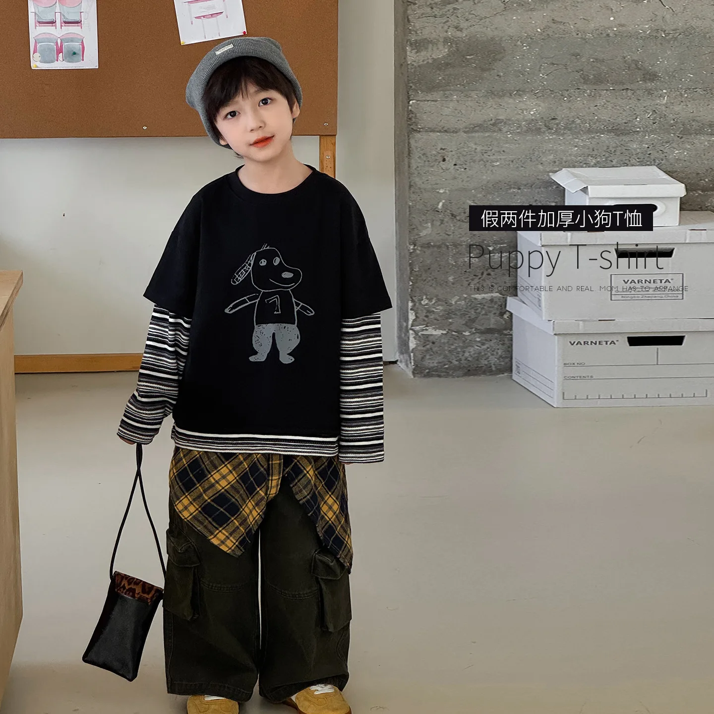 

Осенняя корейская версия для мальчиков 2021, детский топ с принтом щенка, полосатая искусственная утолщенная детская футболка из двух предметов, эксклюзивная одежда, простой стиль