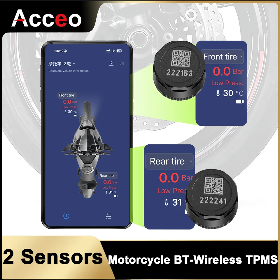 Motorcycle TPMS 2 Sensors Bluetooth 5.0 Tire Pressure Monitoring System Wireless APP Tyre Tester Moto Accessories