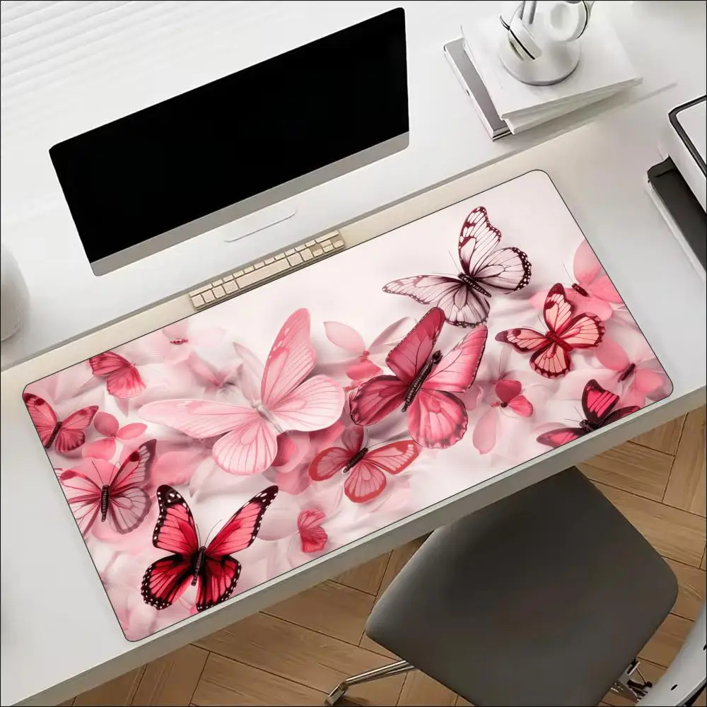 Watercolor Pink Butterfly Large Desk Mouse Pad Non Slip Rubber Keyboard Mat Desktop Decor For Office Laptop Gaming Workstation