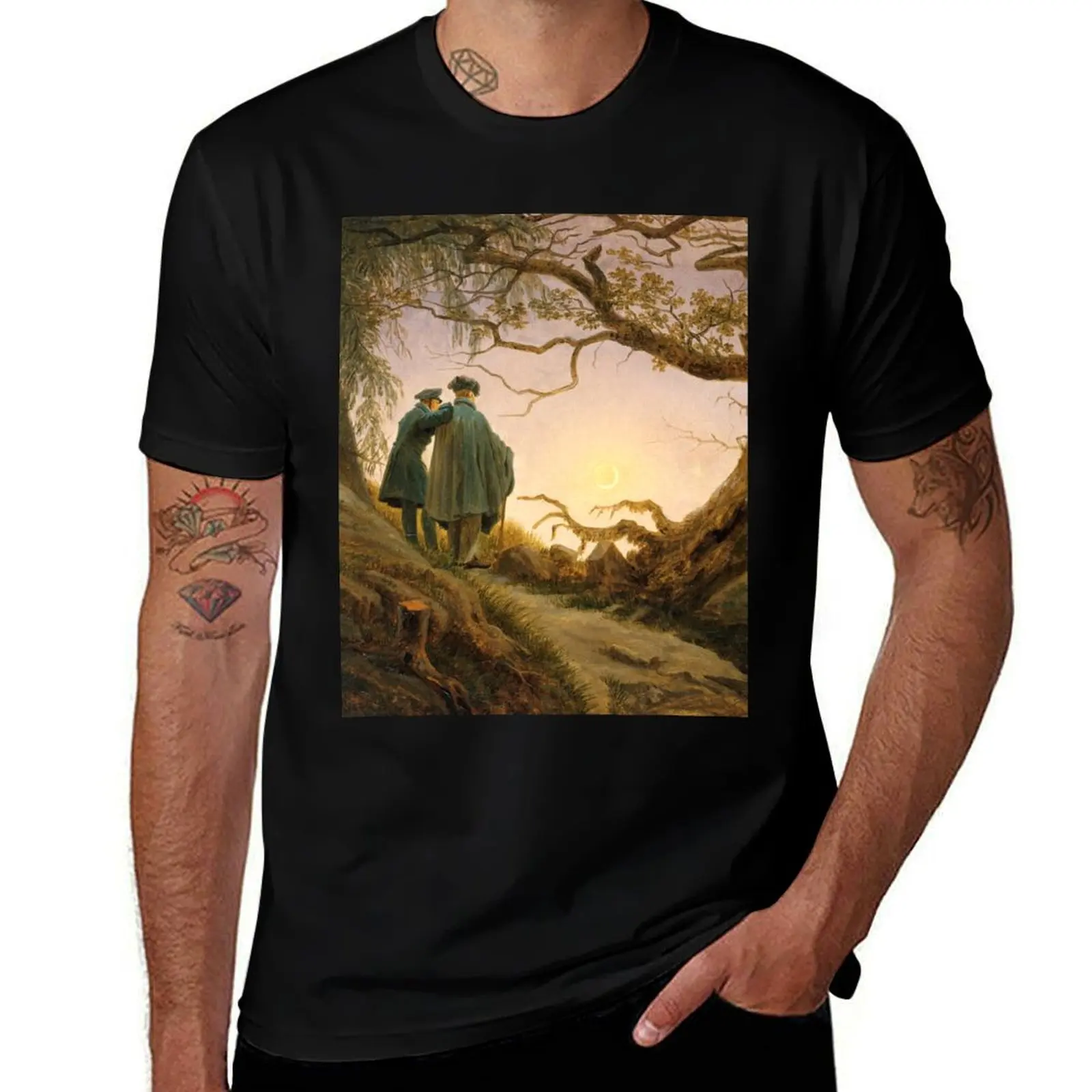 Deux hommes contemplant la lune, par Caspar David Friedrich T-shirt grande taille à manches courtes pour hommes