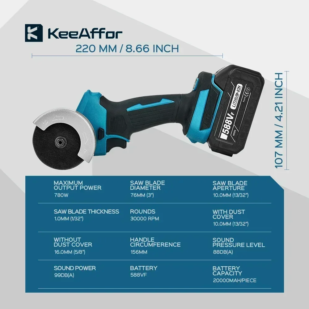 KEEAFFOR 76mm Brushless Angle Grinder Speed Variable Cordless Electric Cutting Grinding Woodworking Tool For Makita 18V Battery