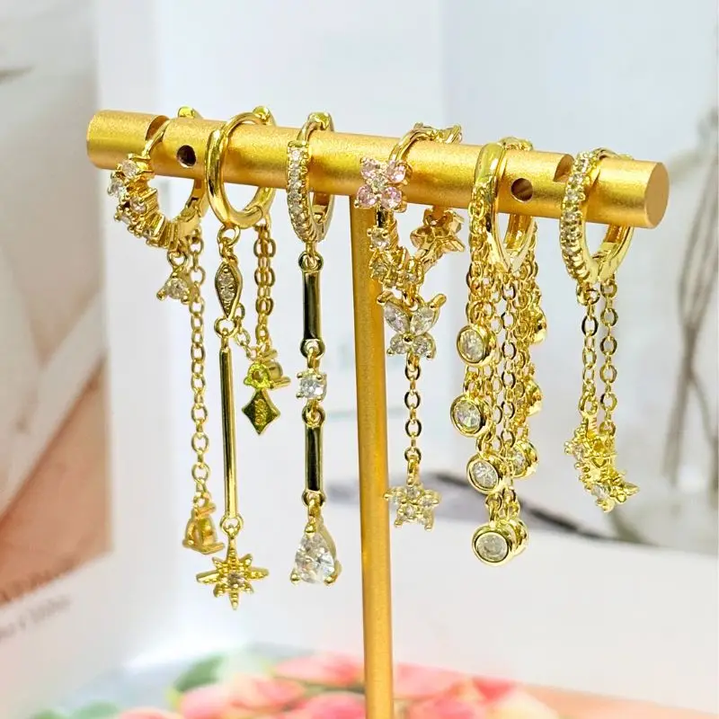 Women 925 Sterling Silver Ear Needle Double Chain Hoop Earrings Crystal Tassel Earrings Fashion Party Wedding Jewelry Gift 2022