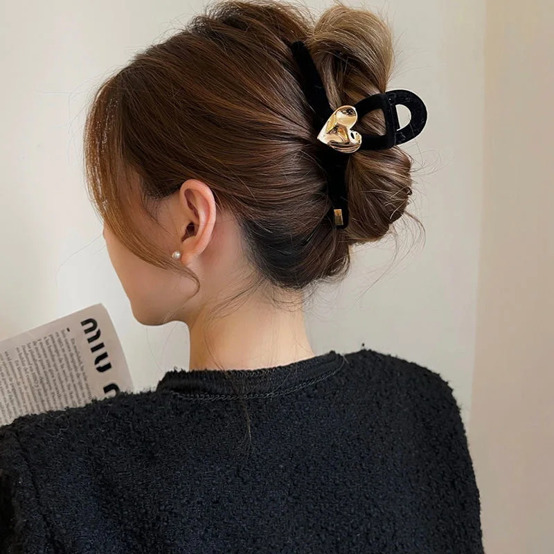 Pinza de pelo de terciopelo negro con diamantes de imitación para mujer, pinzas de garra para el cabello, horquilla de gran tamaño, accesorios