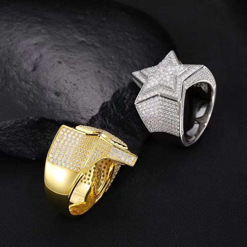 S925 silver moissanite ring with five pointed stars full of moissani hip-hop trendy men's ring temu