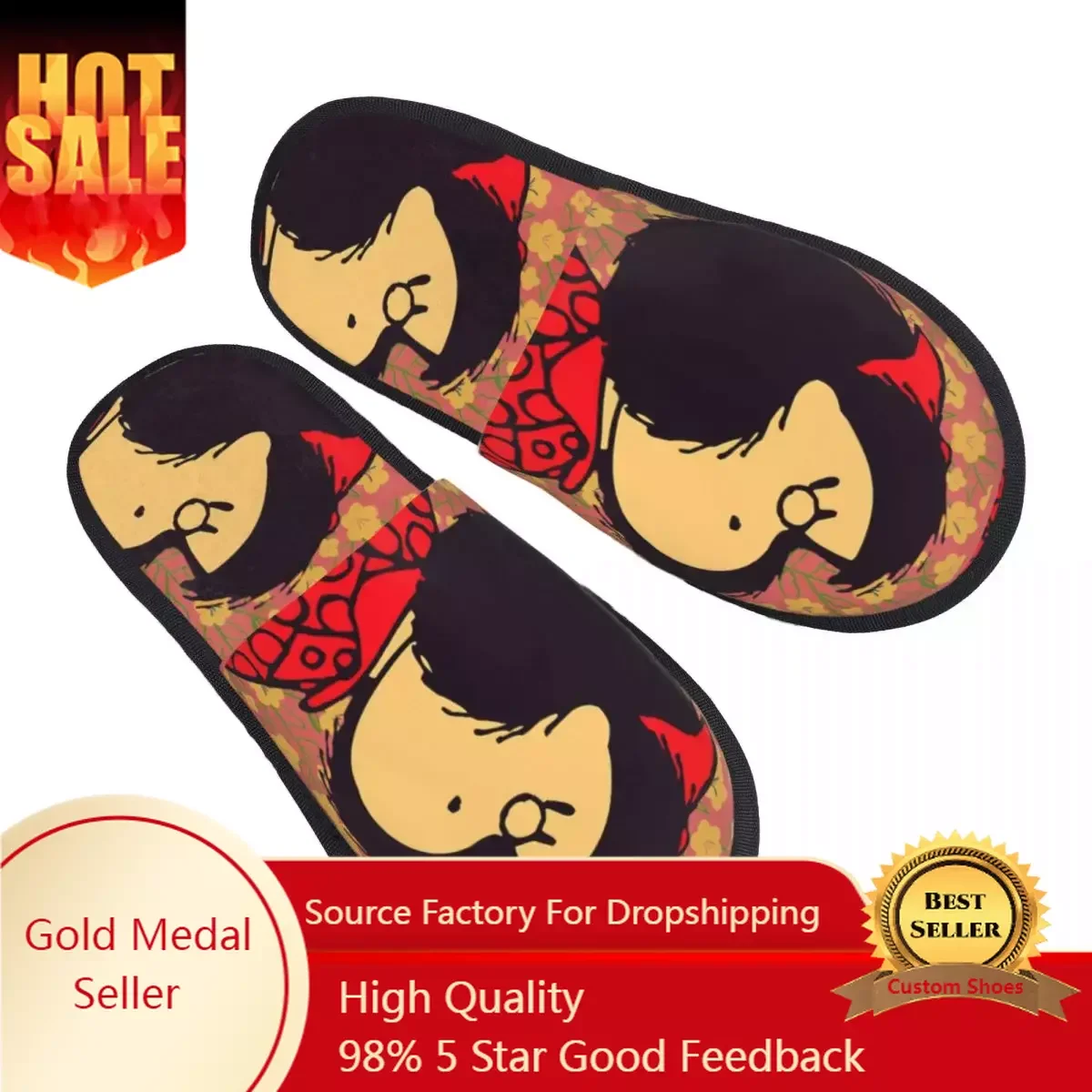 

Custom Mafaldas And Flowers Soft Memory Foam House Slippers Women Quino Kawaii Cartoon Comfy Warm Anti-skid Sole Slipper