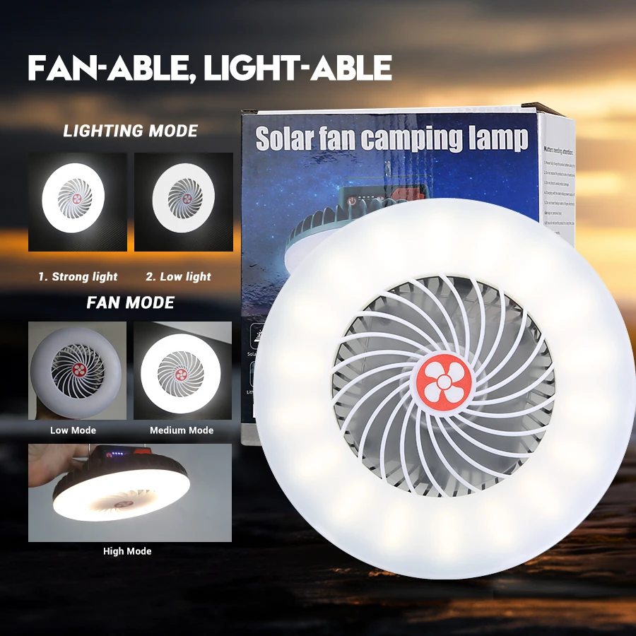 Multifunctional Camping Lamp Solar And USB Charging Portable Fan Light 2400mAh Outdoor Waterproof Tent Hanging Lighting Lantern