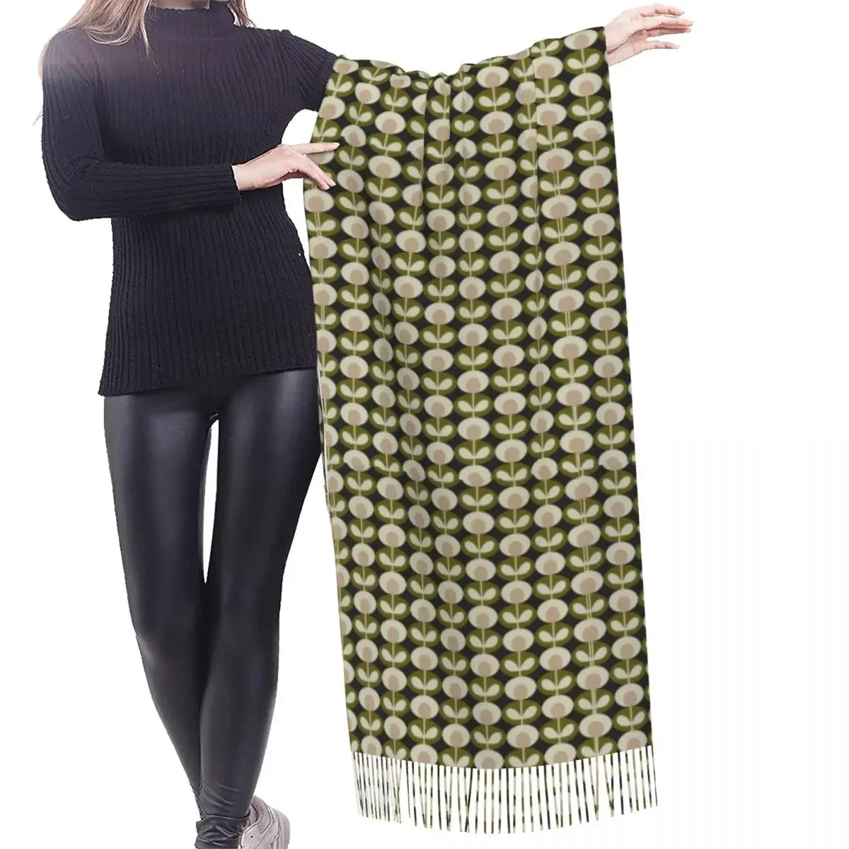 Custom Orla Kiely Multi Stem Flowers Tassel Scarf Winter Fall Warm Shawls Wraps Female Scandinavian Style Versatile Scarves