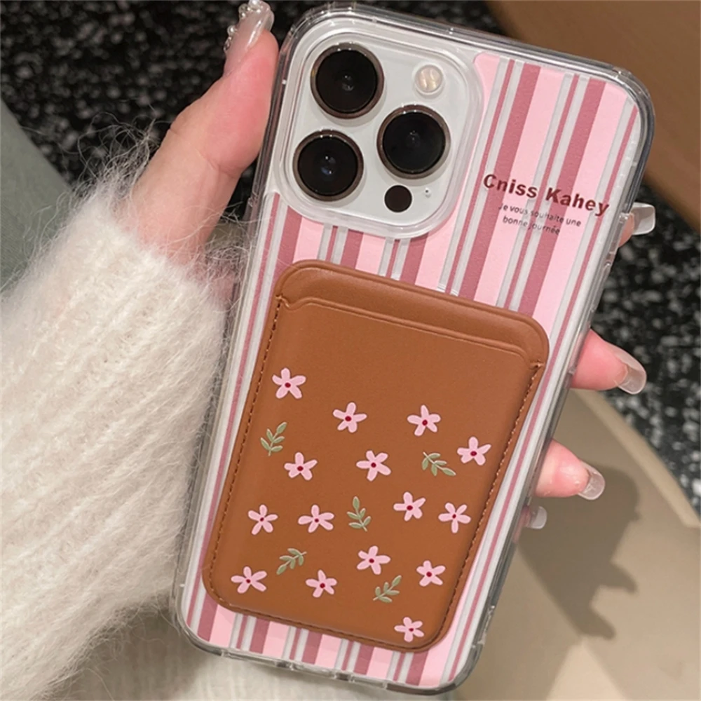 Korean Pink Floral Magnetic Wallet Card Holder Accessories For Magsafe Wireless Charging Case For iPhone 15 Phone Accessories