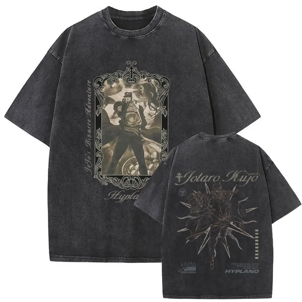 Japanese Anime JoJo's Bizarre Adventure Kujo Jotaro Washed Vintage Graphic T-shirt Men Women Casual Oversized Cotton T Shirts