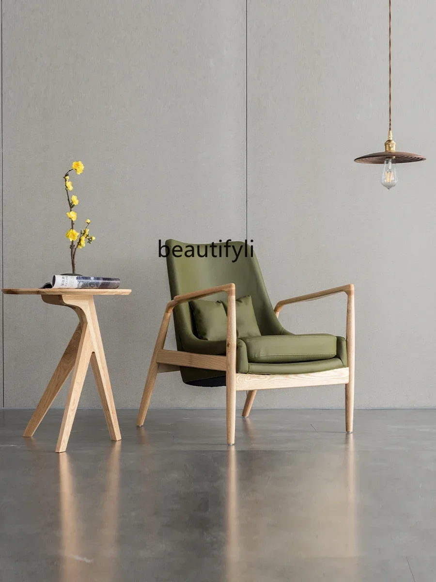 

07Solid Wood Single-Seat Sofa Chair Nordic Armrest Japanese Log Living Room Leisure Reception Chair