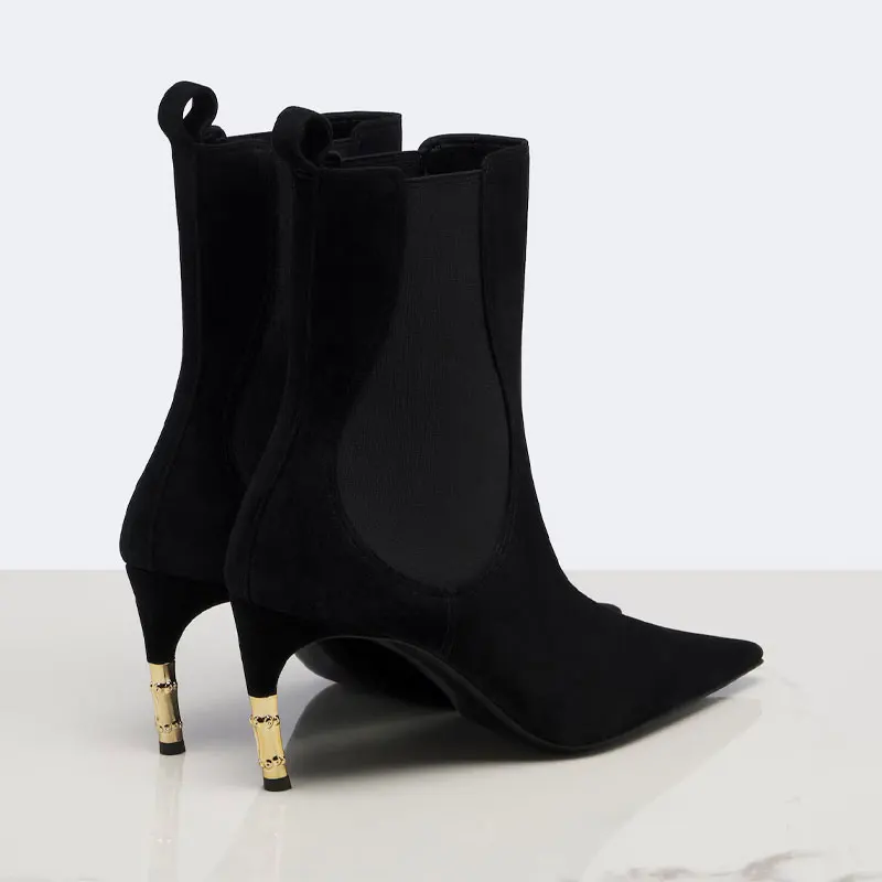 Women's New Knee High Boots with Pointed Kitten Heel and Stretch Fabric for Autumn and Winter Party Fashion, Mid Length Boots