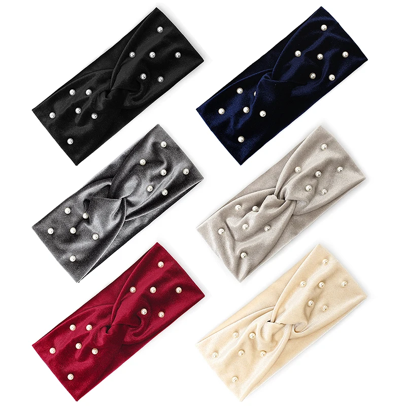 Women Velvet Pearls Cross Knotted Headbands Female Soft Elastic Pearl Headwear Scrunchies Hairband Hair Accessories