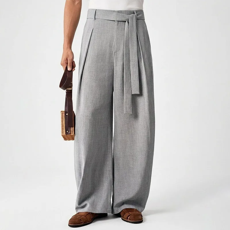 KIDWHXR Herrenhose, locker geschnitten, mittelhoher Bund, atmungsaktiv, Vintage-Plisseehose, gerade geschnitten, mit Kordelzug, Business Casual Herrenhose – Detail 12
