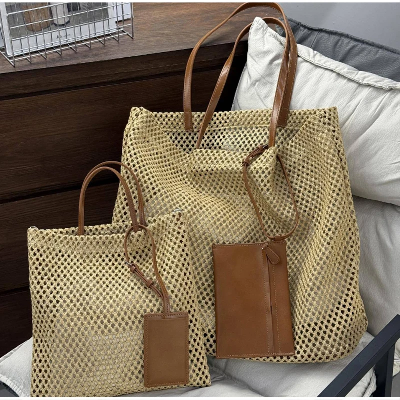 

Woven Drawstring Tote Bag Double-layer Hollow Lightweight Shoulder Bag Large Capacity Supermarket Shopping Eco-friendly Tote Bag