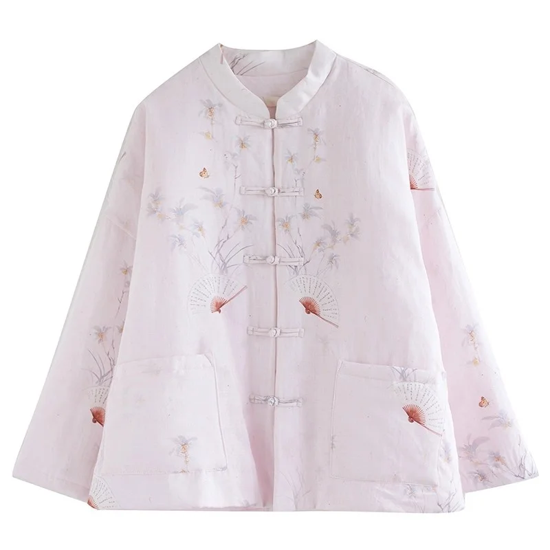 Chinesische Retro-Stil geknöpfte Baumwolljacke für Frauen 2025, Herbst-Winter, bedruckt, Stehkragen, kurzer Steppmantel, Oberbekleidung w230