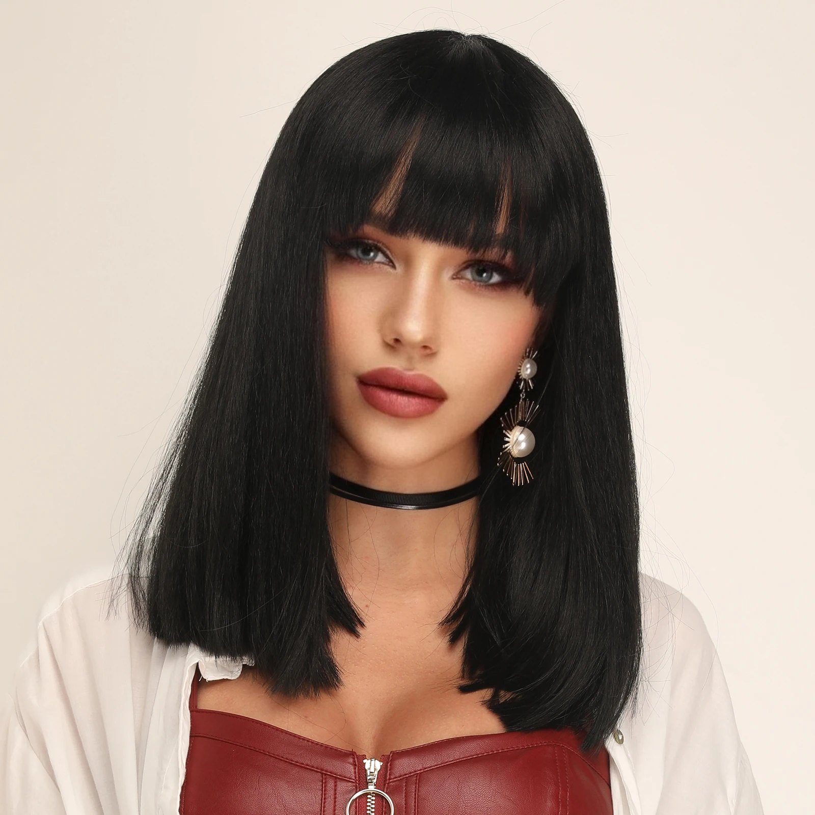 14inch Bob Short Straight Black Brown Synthetic Women Wig for Halloween Christmas School Thanksgiving Day