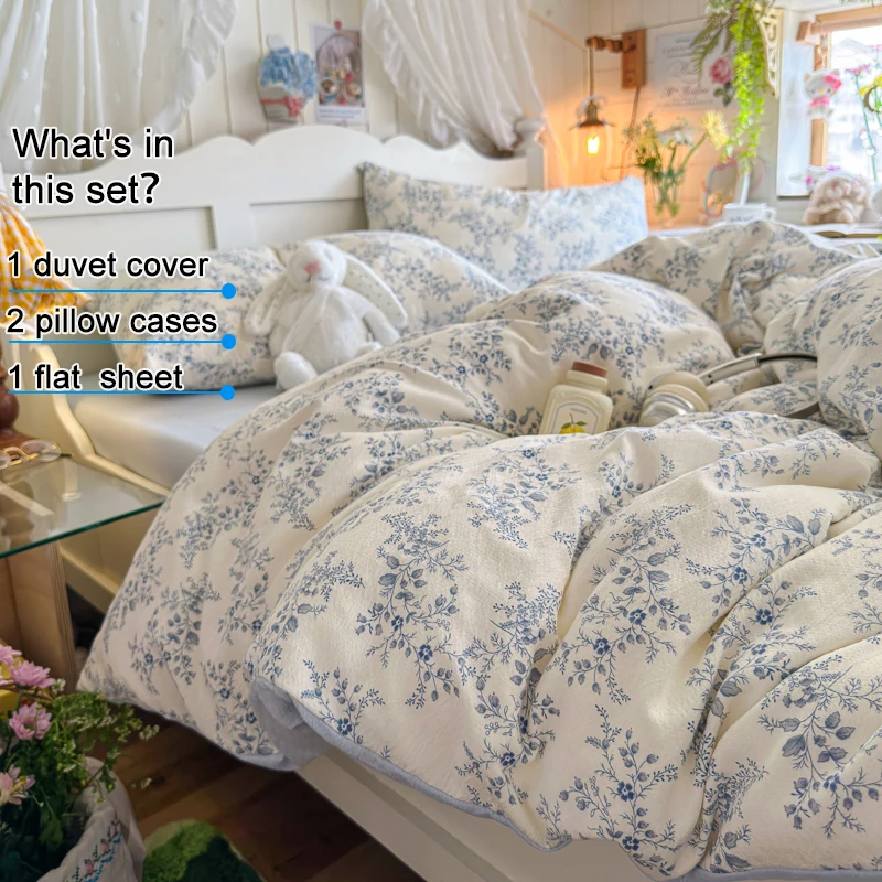 Vintage Blue Floral Microfiber 4 Piece Bedding Set, Breathable Bubble Crinkle Bed Linens Set, Duvet Cover Set Machine Washable