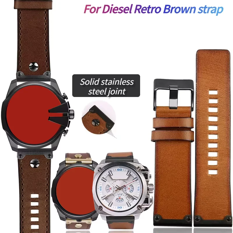 26mm watch strap leather For Diesel DZ4318 DZ4283 DZ4281 DZ4323 DZ7343 Vintage brown cowhide watch band Retro men\'s bracelet