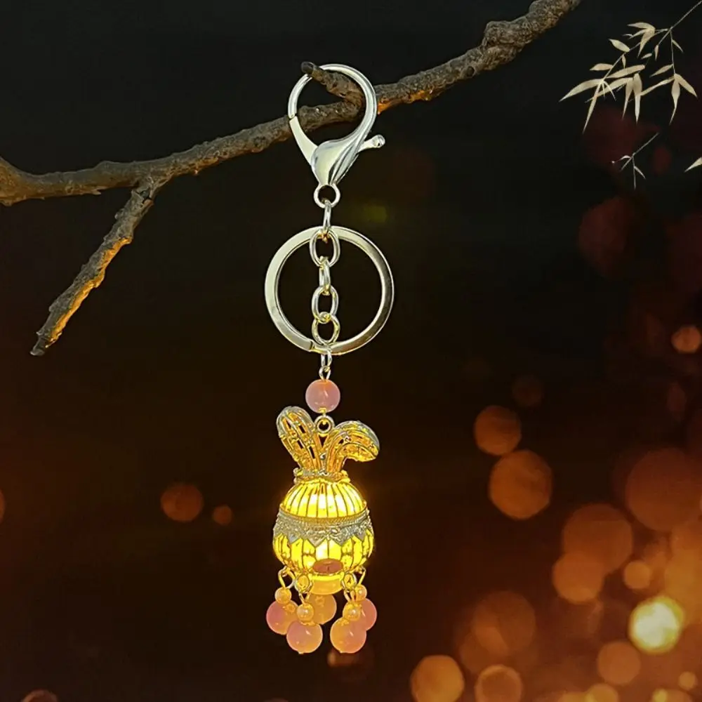 Warning Night Chinese Style Keychain Tassel Pearl Luminous Lantern Keychain LED Light Antique Style Glowing Pendant