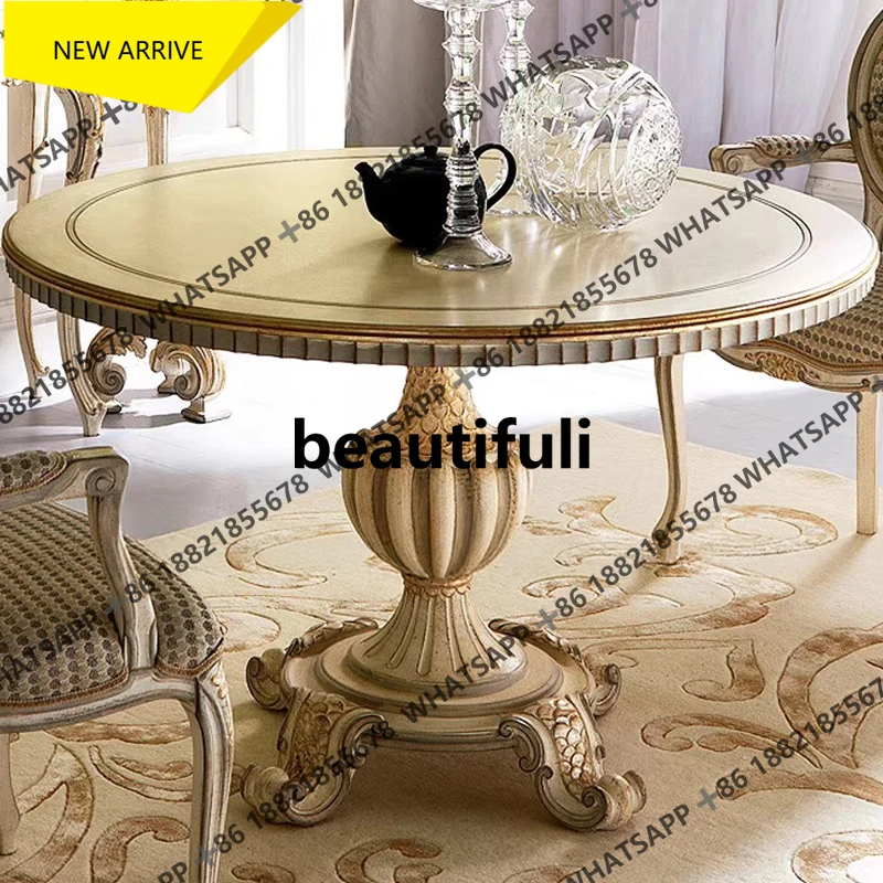 

Q178 French retro solid wood round dining table carved champagne light luxury dining table dining chair combination