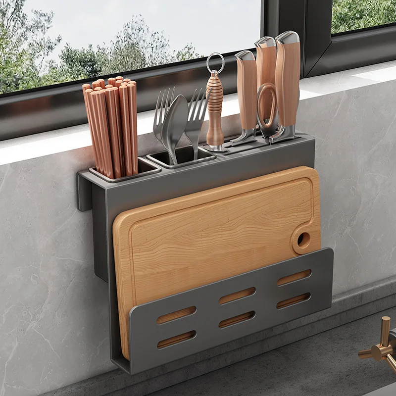 Wall mounted stainless steel kitchen knife, pot cover, cutting board integrated multifunctional storage rack