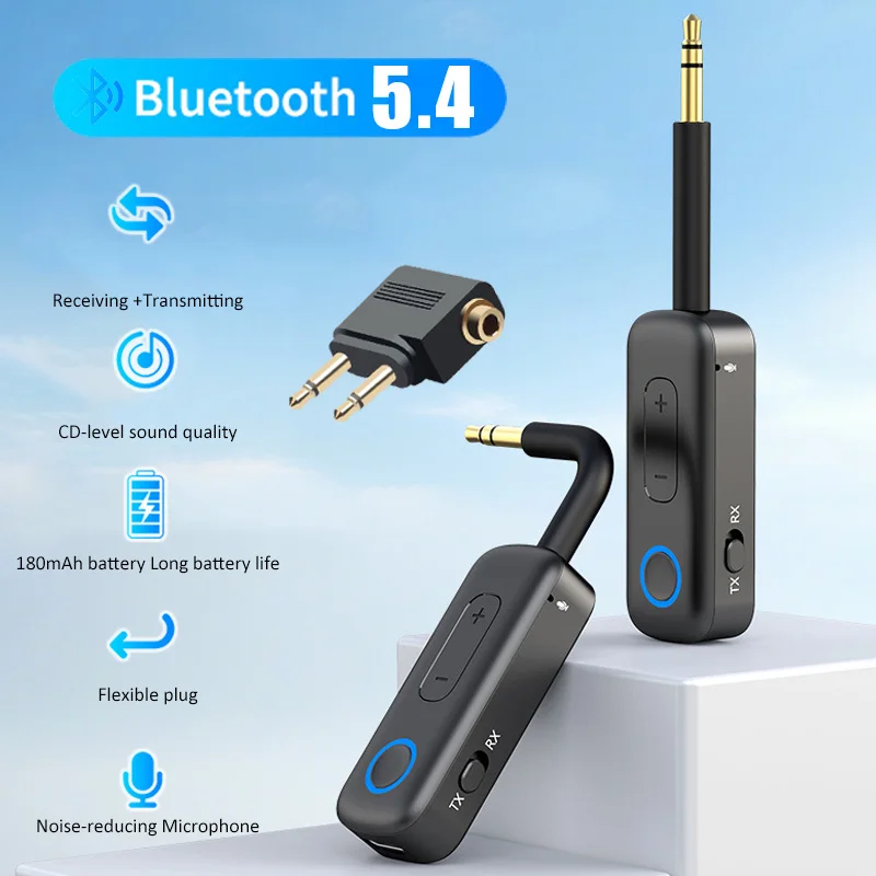 Bluetooth 5.4 Airplane Transmitter Receiver 2-in-1 Wireless Bluetooth Adapter-Use with Any 3.5MM Jack on Flight, TV