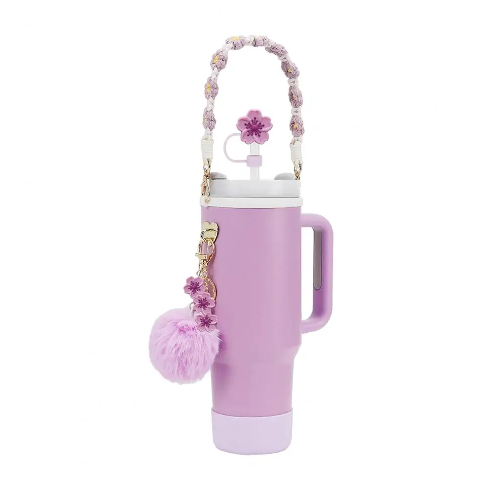 Floral Pattern Bottle Holder Silicone Water Bottle Sleeve with Handle Strap Floral Charms Cup Cover Set Protective for Stanley