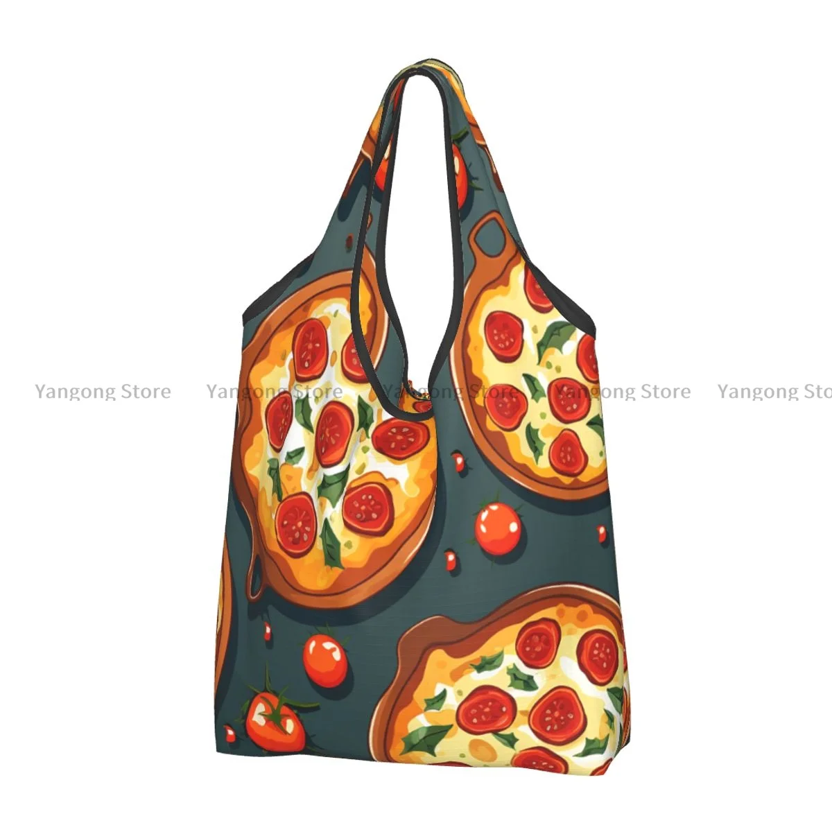 Folding Shopping Bag Pizza Food Reusable Portable Shoulder Handbag for Travel Grocery Pocket Tote