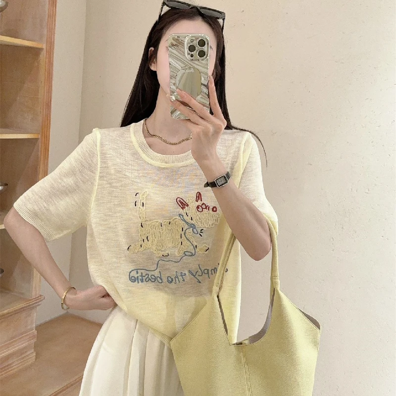 Cão bordado camisola de malha topos feminino 2025 verão manga curta o-pescoço camisetas pullovers moda casual coreano senhoras malhas