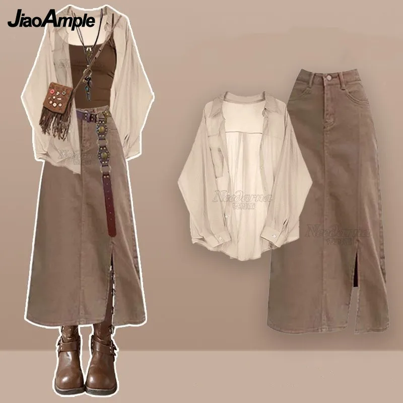 

Women's 2025 Summer New Fashion Chiffon Sunscreen Shirt+Strap+Vintage Denim Skirt 3-Piece Suit Korean Elegant Dress Matching Set