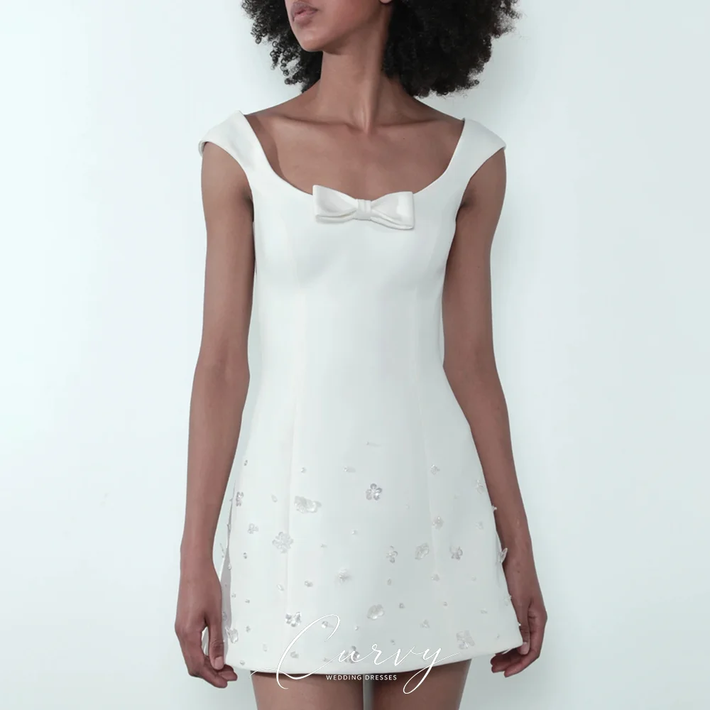 Curvy Elegant Wedding Dress Cap Sleeve Square Neck Bow Detail Mini Dress Customized for Women 2026 Short Bridal Dress