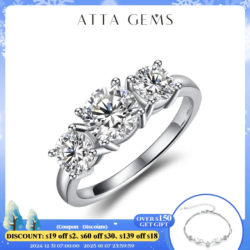 ATTAGEMS 2.0ct D Color Round 18K White Gold Plated 925 Silver Moissanite Ring For Women Diamond Test Passed Woman Girl Gift