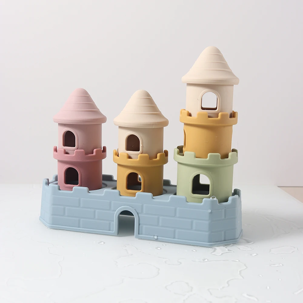 8 pçs/set brinquedos de dentição do bebê-conjunto de blocos de construção de castelo de silicone, acalmar gengivas doloridas, empilhador sensorial mastigável livre de bpa