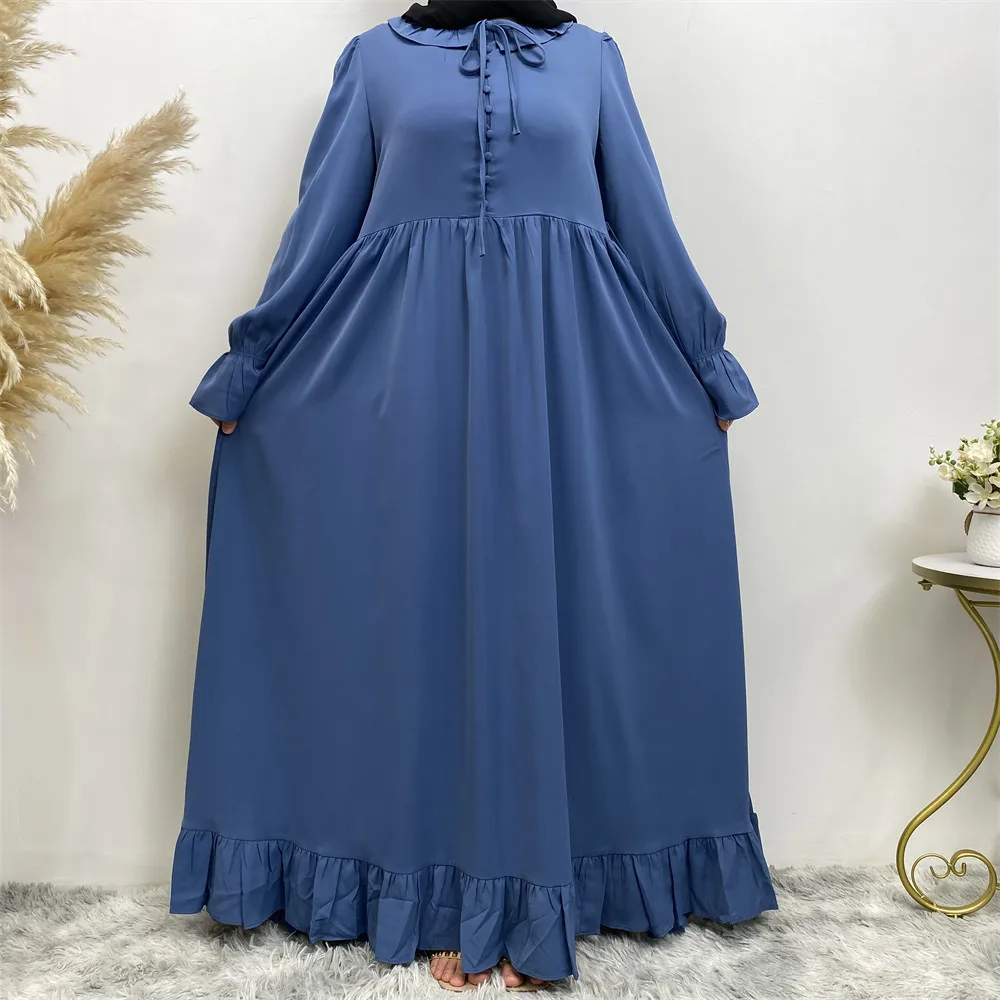 Middle East fashion Muslim women\'s new loose dress Arab Dubai Turkey solid color patchwork pleated robe dress