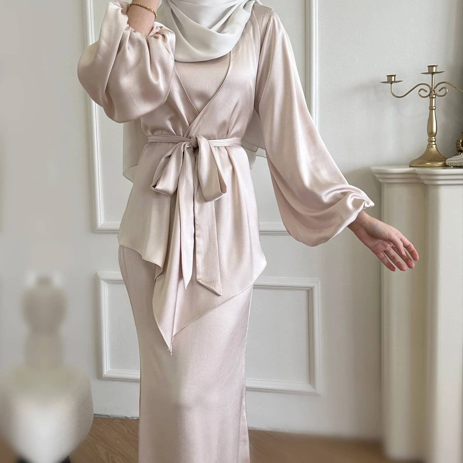 F25 New Lustrous Satin 3pcs dress set with sleeveness dress and open front cardigan and Detachable belt Elegance Loose dress set