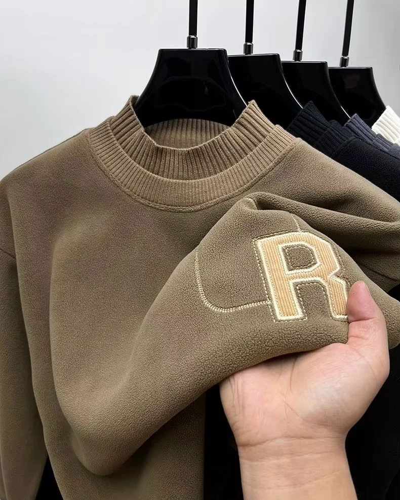 Premium man round neck sweater autumn winter fashion personalized collar letter embroidery design top warm thick casual pullover